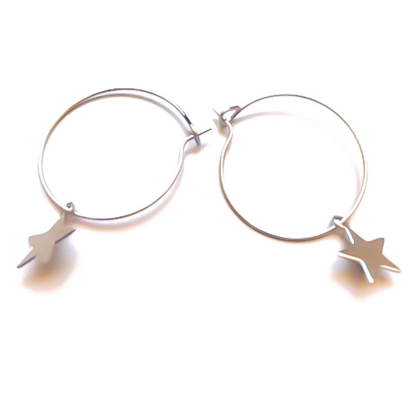 925 Sterling Silver Star Charm Classic Wire Hoop Earrings 1/2”, 3/4”, & 1” Sizes - Picture 6 of 9